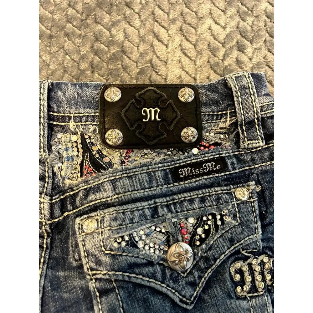 Miss Me Cropped Jeans Girls 14 Blue Denim Rhinestone Embellished Straight Leg